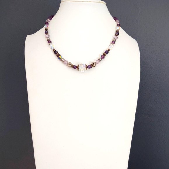 Purple and clear glass necklace with silver accents - Picture 2 of 12